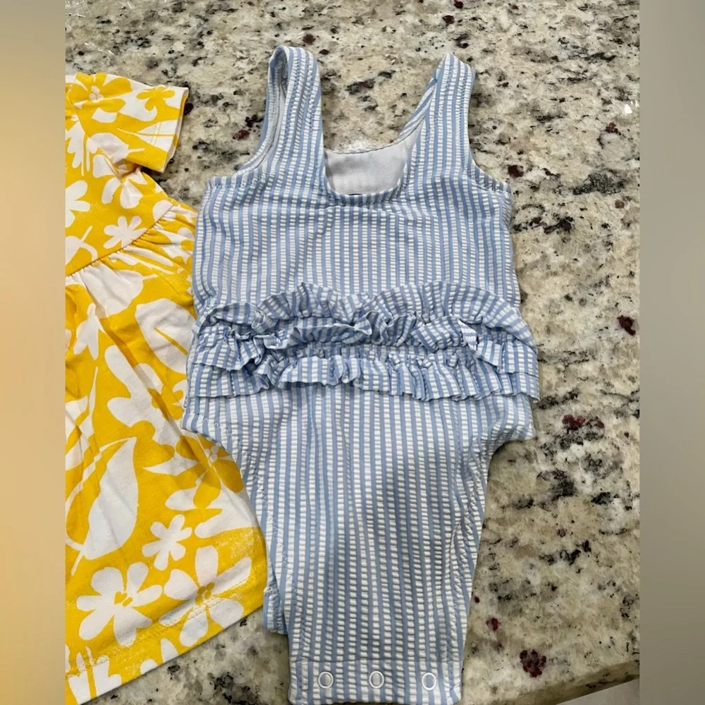 Baby Girl 3 Pieces Bundle Denim Jacket/Outfit & 1 Pc Swimsuit SZ:  All Like New